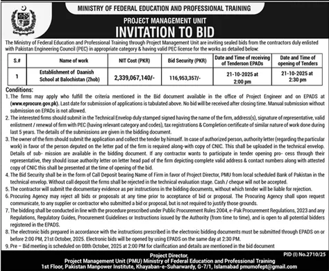 Ministry of Federal Education & Professional Training Islamabad Tender Notice 1